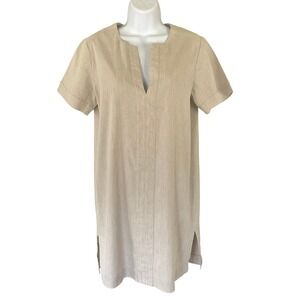 Theory Women Beige Linen Blend Slit Front Shift Dress Caliver Size S